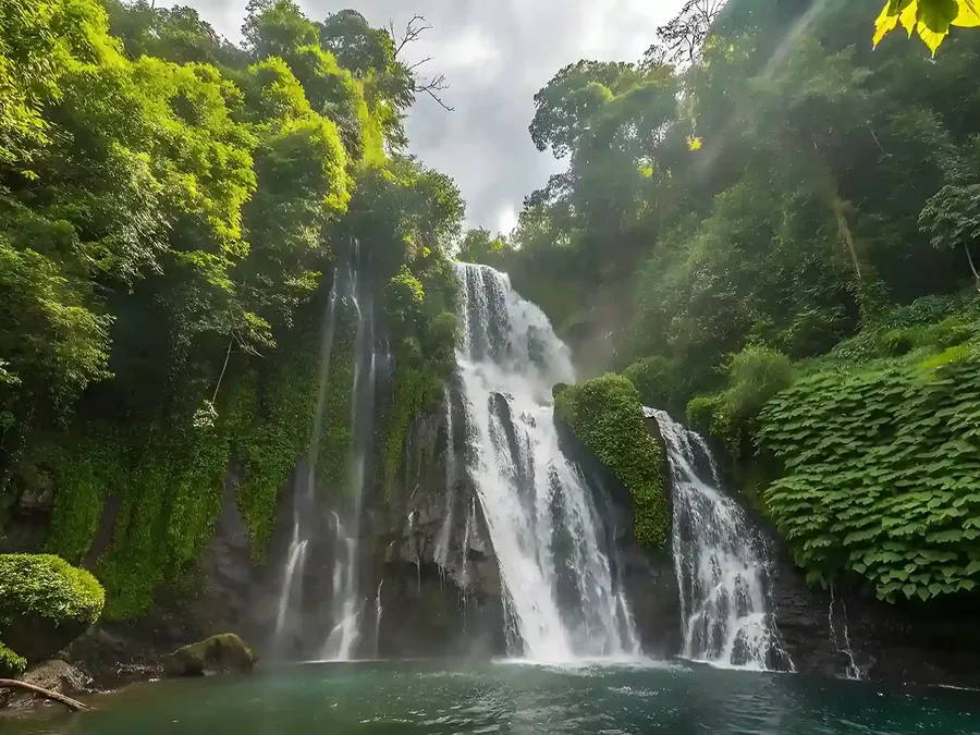 Twin waterfall in the jungle inland from Ubud, Bali
