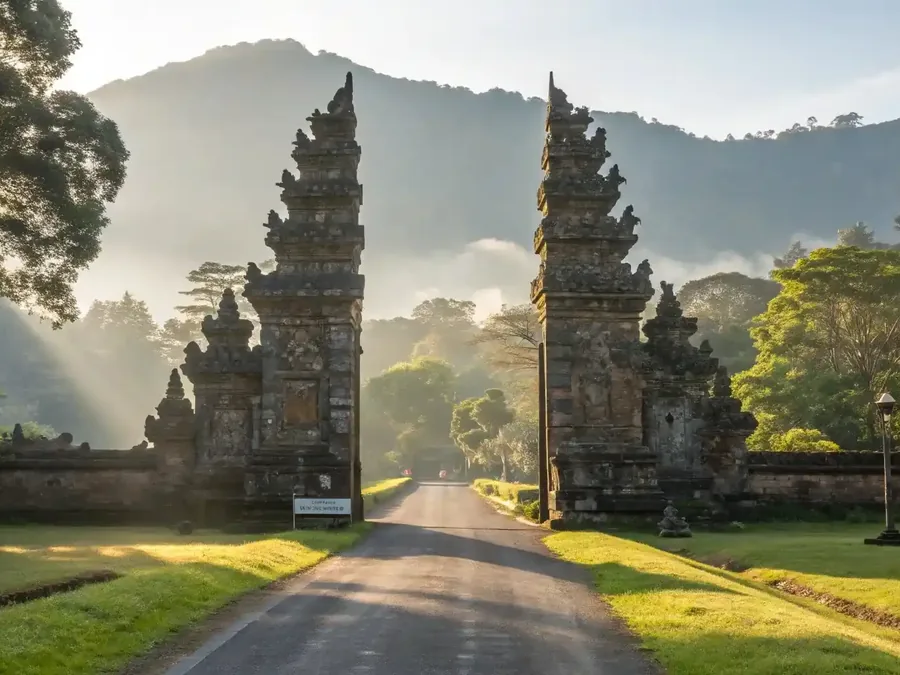 The Handara gate framed by misty highland forest in Bali